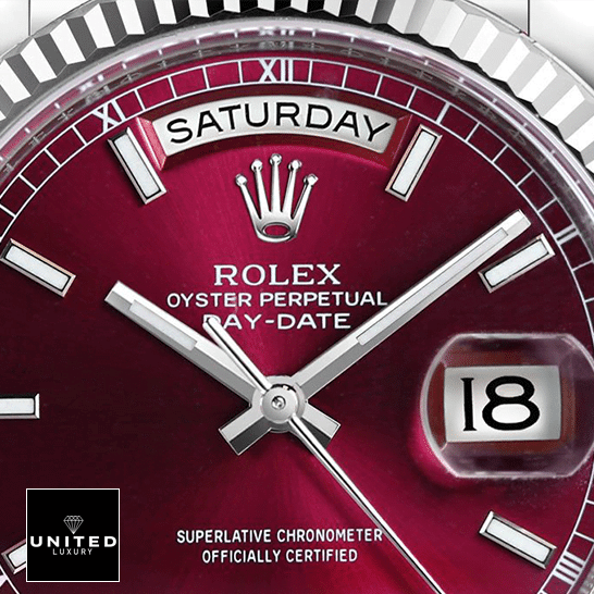 rolthtex day-date 118239-0304 purple dial replica sapphire crystal close view
