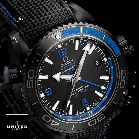 omethtga Seamaster Planet Ocean Black Dial Blue Bezel Replica black background