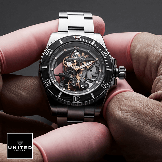 rolthtex 114200 Skeleton Dial Replica on the hand