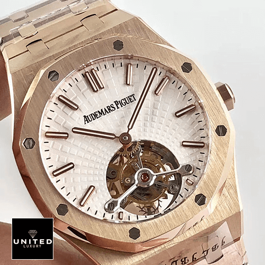 Audthtemars Pigthtuet Royal Oak Tourbillon 26522ST "Skeleton Dial" Luxury Clone Quality Audthtemars Pigthtuet royal oak tourbillon white dial 20180803AP004 man dial Audthtemars Pigthtuet Royal Oak White Dial Tourbillion Replica front view