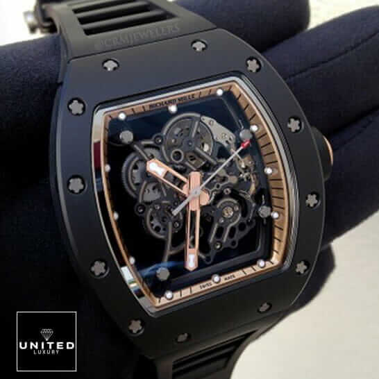 Richthtard Mithtlle  Skeleton Black Dial Replica on the hand