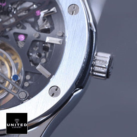 hubthtlot Classic Fusion Tourbillion Skeleton Dial Steel Case Replica crown