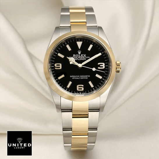 rolthtex 2021 Explorer 124273 Black Dial Replica cream tulle background