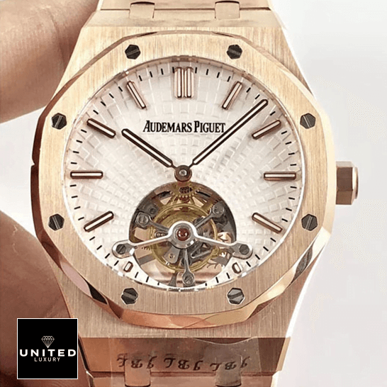 Audthtemars Pigthtuet Royal Oak Tourbillon 26522ST "Skeleton Dial" Luxury Clone Quality Audthtemars Pigthtuet royal oak tourbillon white dial 20180803AP004 Audthtemars Pigthtuet Royal Oak Tourbillion White Dial Rose Gold Case Replica on the hand