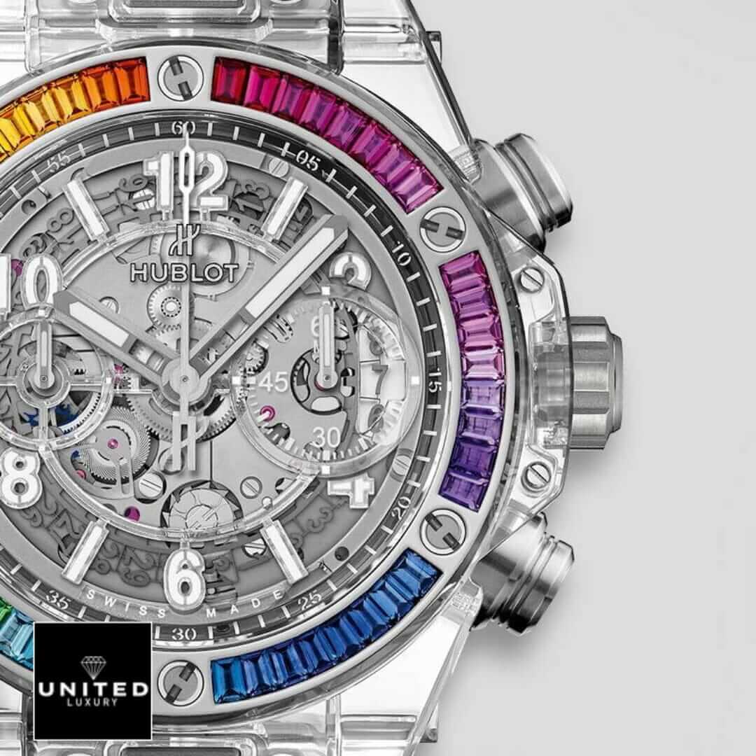 hubthtlot Big Bang Unico "Rainbow" Sapphire Case 411.JX.4803.RT.4099 True to Original Copy Yeni Proje 8 hubthtlot Big Bang Rainbow Bezel White Dial Replica white background