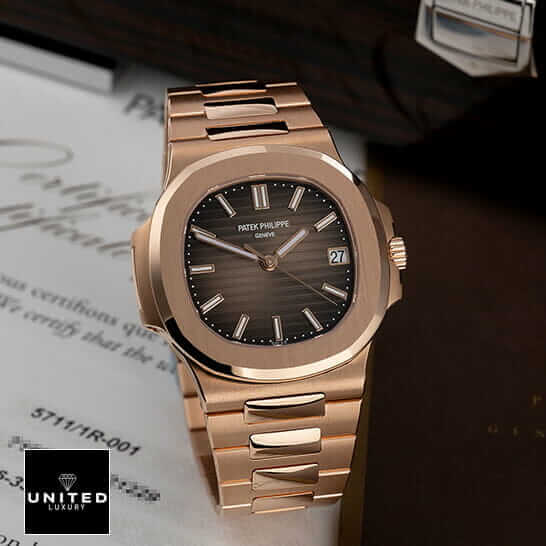 pathttek Philithtppe Nautilus Black Dial Rose Gold Replica on the warrant card