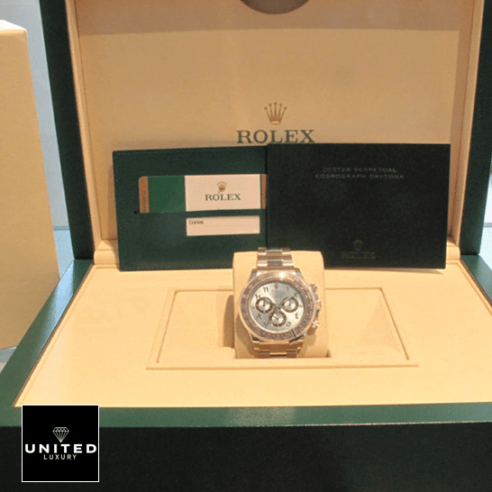 rolthtex Daytona Platinum Ice-Blue Dial 116506-0001 Replica & Guarantee Card in the rolthtex Box