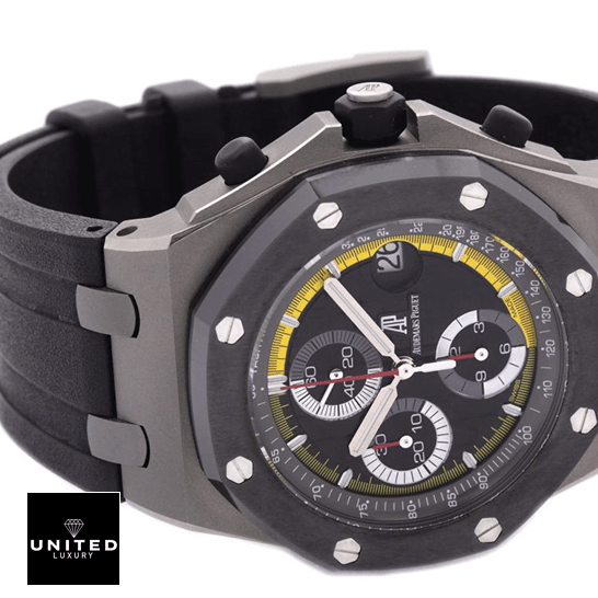 Audthtemars Pigthtuet Royal Oak Offshore 26207IO.OO.A002CA.01 "Sebastien Buemi" Mirror Clone Quality audemarspiguet royaloakoffshore 26207IO.OO replica 42mm Audthtemars Pigthtuet Royal Oak Black Yellow Dial Replica white background