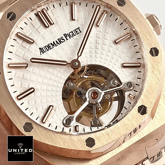 Audthtemars Pigthtuet Royal Oak Tourbillon 26522ST "Skeleton Dial" Luxury Clone Quality Audthtemars Pigthtuet royal oak tourbillon white dial 20180803AP004 dial machanisma Audthtemars Pigthtuet Torubillion White Dial Replica close analog view
