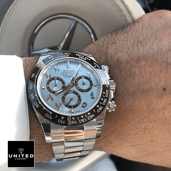 rolthtex Daytona Platinum Ice-Blue/Hindu-Arabic Dial 116506-0001 Replica on his arm