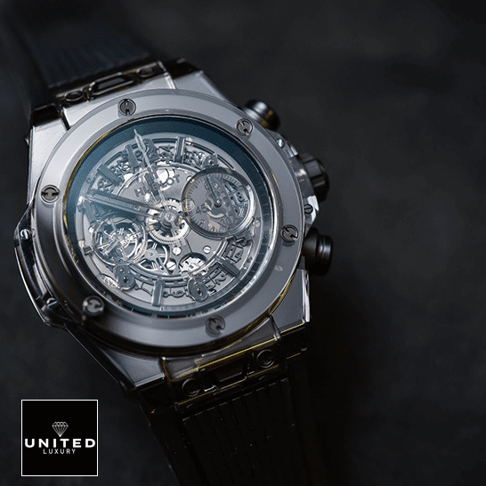 hubthtlot Big Bang Unico Sapphire Black Rubber Bracelet Replica black background