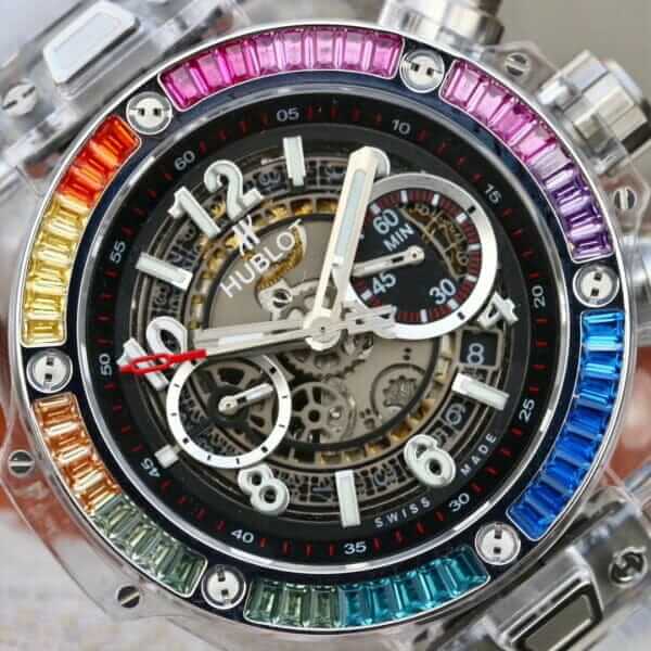 hubthtlot Big Bang Rainbow Bezel Black Dial Replica close front view