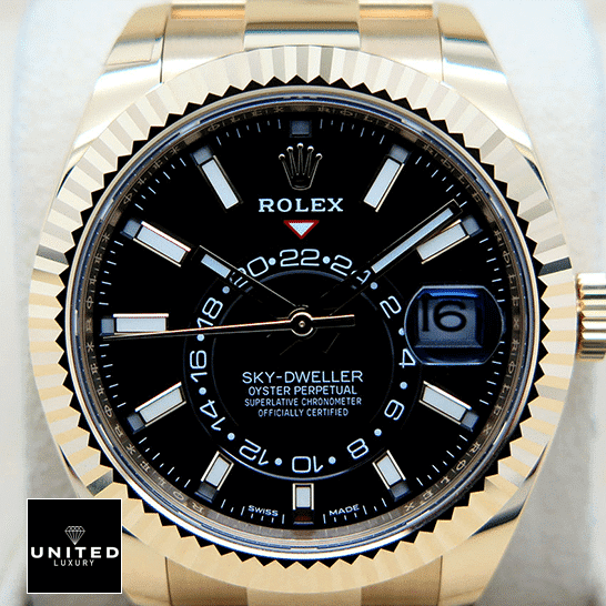 rolthtex Sky-Dweller Black Dial Yellow Gold Fluted Bezel 326938-0004 Replica