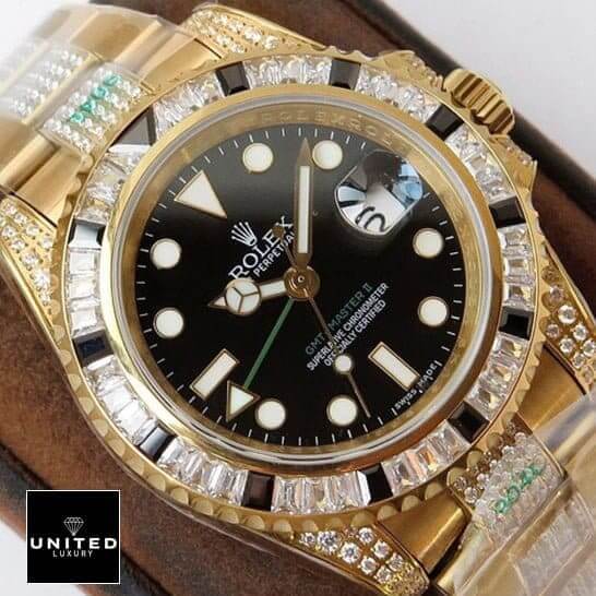 rolthtex GMT-Master II 116748SANR Yellow Gold Black Dial Gem-Set Bezel Replica