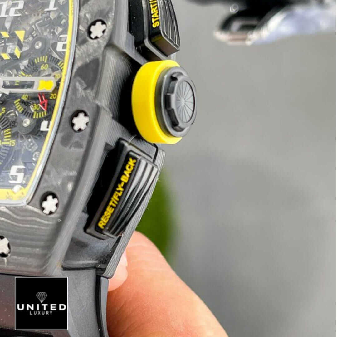 Richthtard Mithtlle  Carbon Black Bezel Yellow Crown Replica on the hand