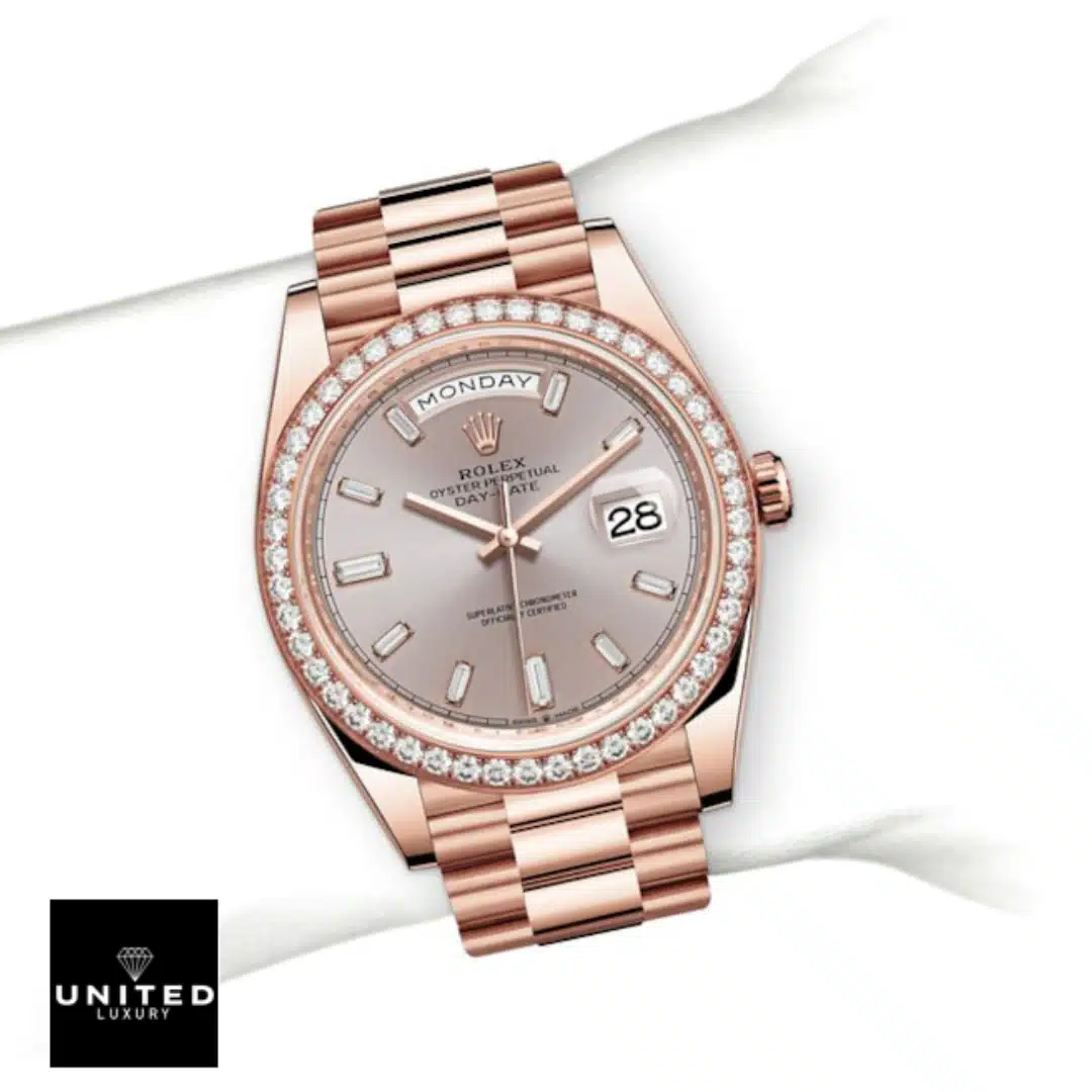 rolthtex Day-Date Rose Gold Diamond Dial 128345PDP Replica Gem-Set bezel
