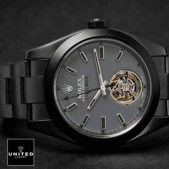 rolthtex Label Noir Replica dial is grey in color with stick indeces and ceramic hour markers