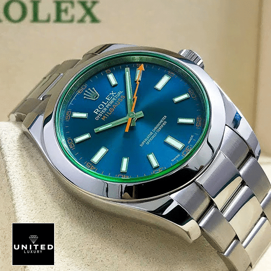 rolthtex Milgauss 116400GV-0002 Green Sapphire Crystal and Blue Dial Oyster Replica in the rolthtex Box