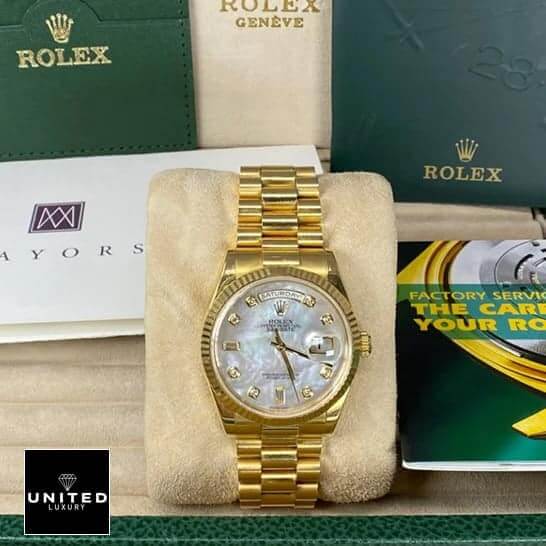 rolthtex Day-Date 128238 "Mother of Pearl" Swiss Super Clone rolthtex 128238 yellow gold replica 6 rolthtex Day Date Mop 128238 Replica warranty card and instruction manual