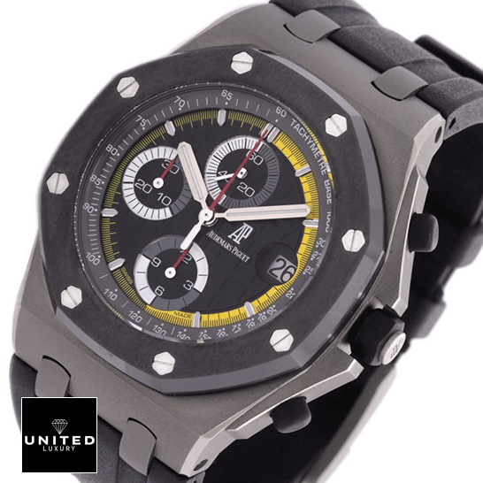 Audthtemars Pigthtuet Royal Oak Offshore 26207IO.OO.A002CA.01 "Sebastien Buemi" Mirror Clone Quality audemarspiguet royaloakoffshore 26207IO.OO replica Audthtemars Pigthtuet Royal Oak Black Yellow Dial Replica white background