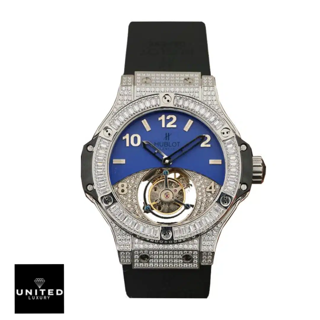 hubthtlot geneve tourbillion with diamond blue dial replica analog view