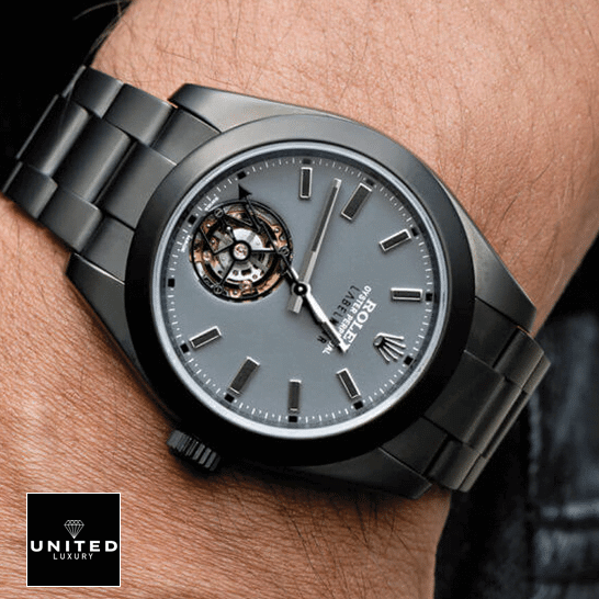 rolthtex Label Noir Grey Tourbillon Dial Replica on his arm