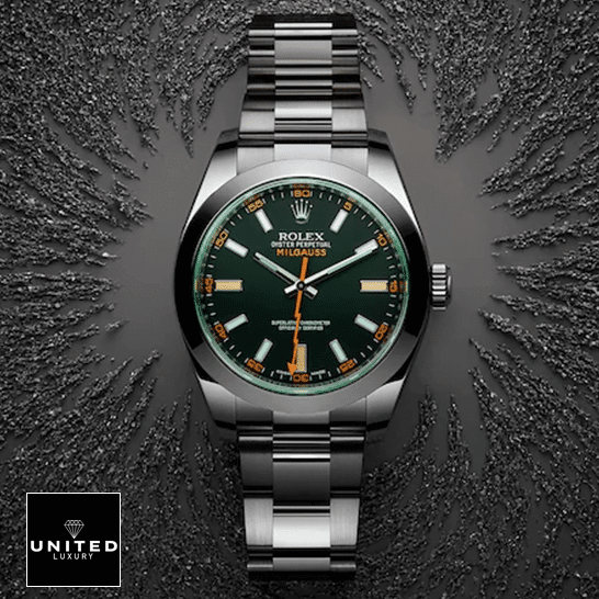 rolthtex Milgauss 116400GV-0001 Green Crystal Oyster Replica on the table