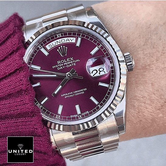 rolthtex day-date purple stainless steel replica on the wrist