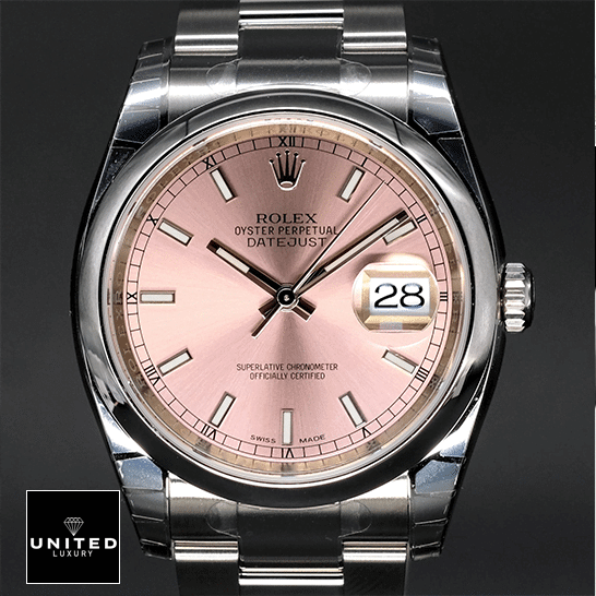 rolthtex Datejust 116200 Pink Dial Replica close analog view