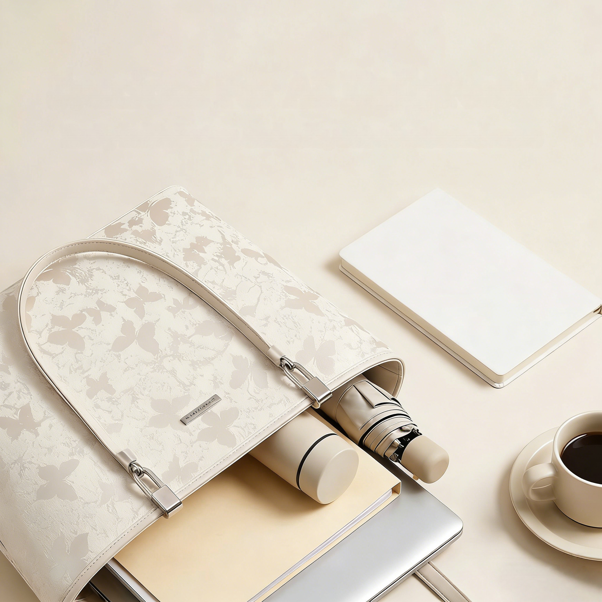 Interior compartments inside elegant everyday tote bag for organized storage