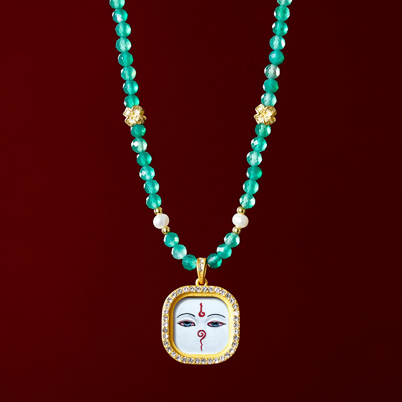 Hand-painted Brass Gemstone Gawu Box Thangka Necklace