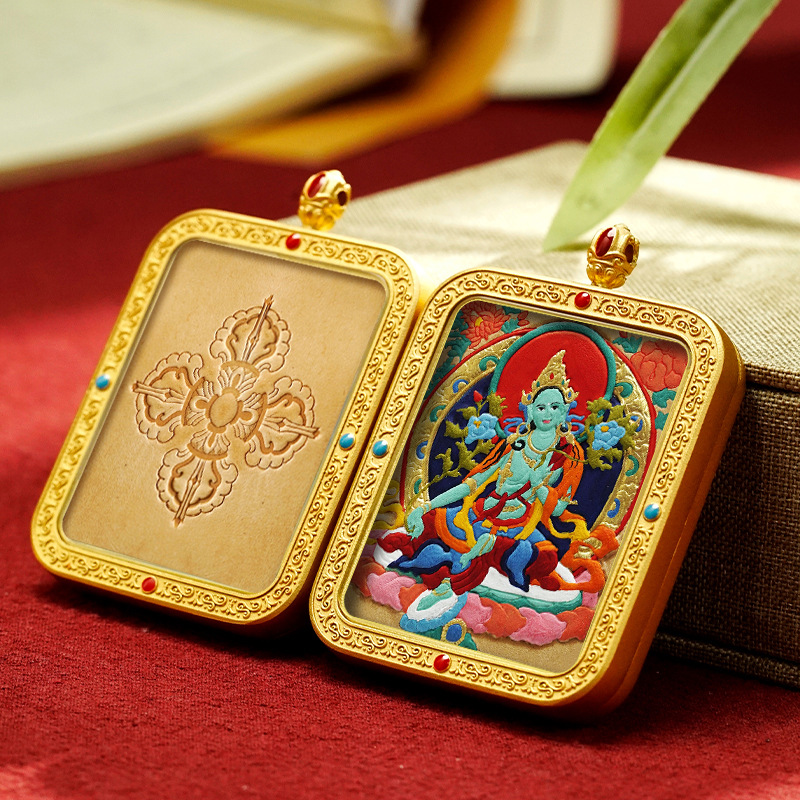 Tibetan Style Hand Painted Leather Carving Thangka Pendant