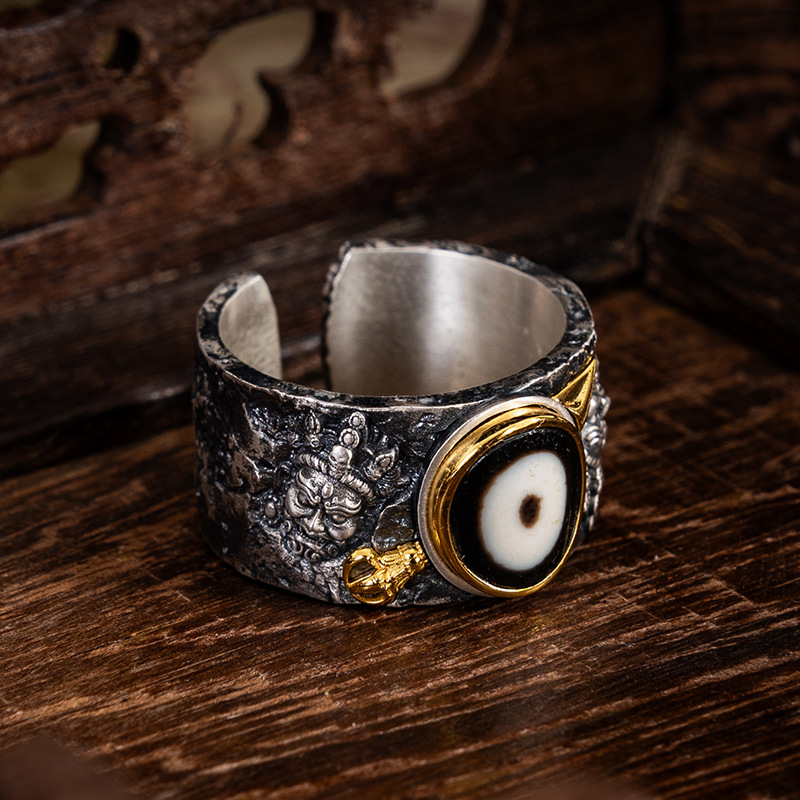 Tibetan Dzi Bead Pumbha Vajra Ring
