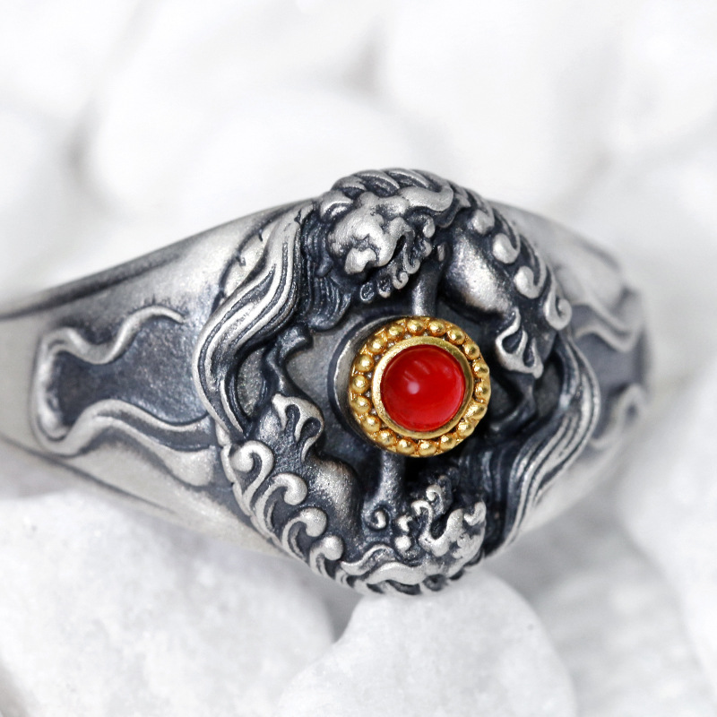 Tibetan Style Pure Silver Vintage Snow Lion Ring