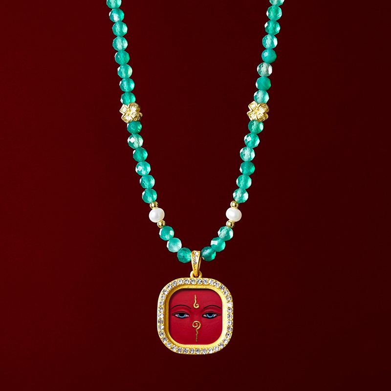 Hand-painted Brass Gemstone Gawu Box Thangka Necklace