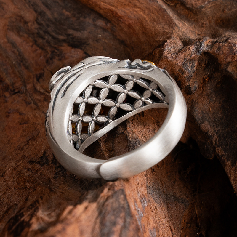 Tibetan Style Pure Silver Lucky Rat Colorful Gemstone Ring