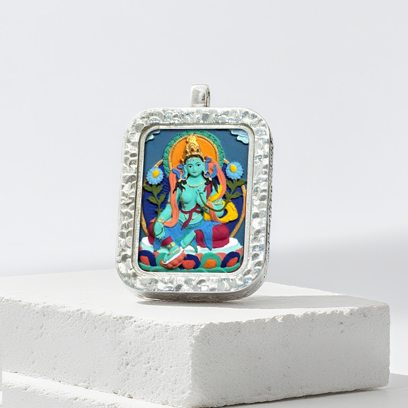 Hand-painted Rubbing Thangka White Copper Pendant