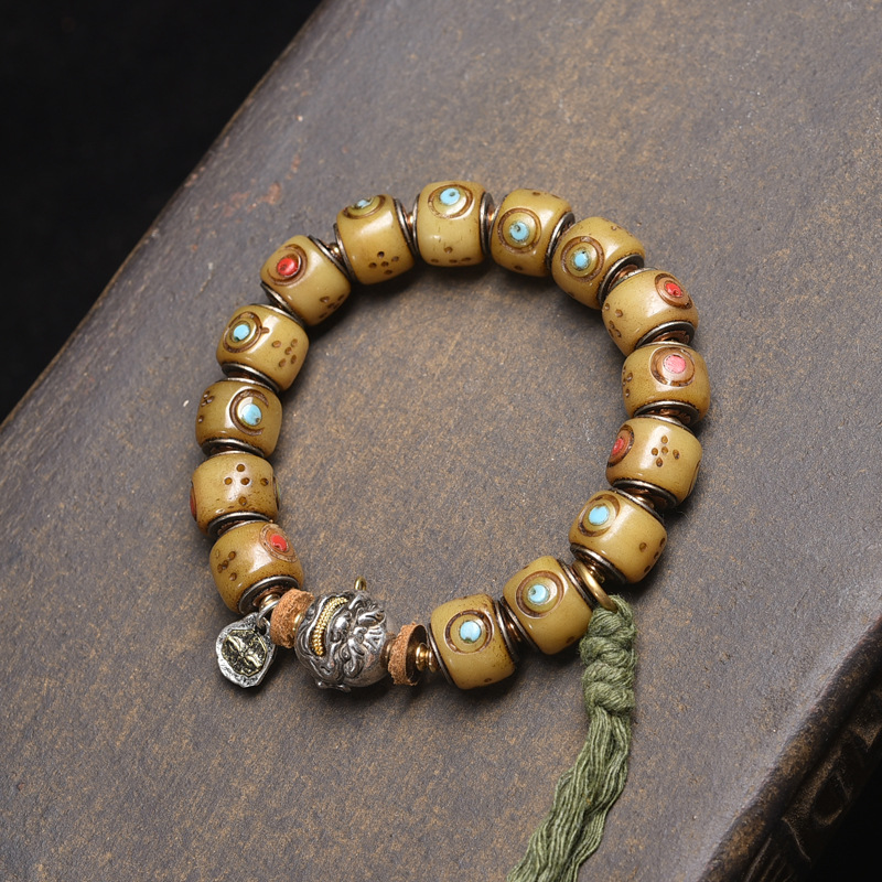 Tibetan Yak Bone Carved Barrel Bead Bracelet