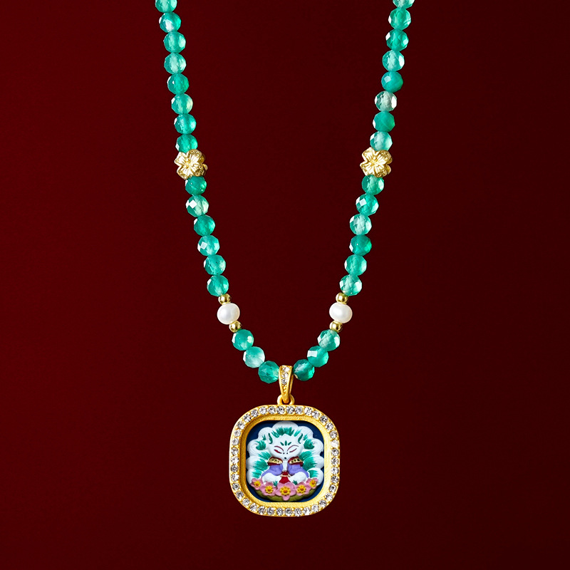 Hand-painted Brass Gemstone Gawu Box Thangka Necklace