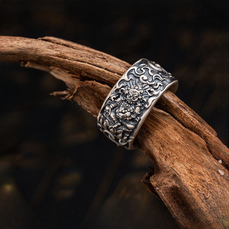 Tibetan Style Pure Silver Yellow God of Wealth Ring