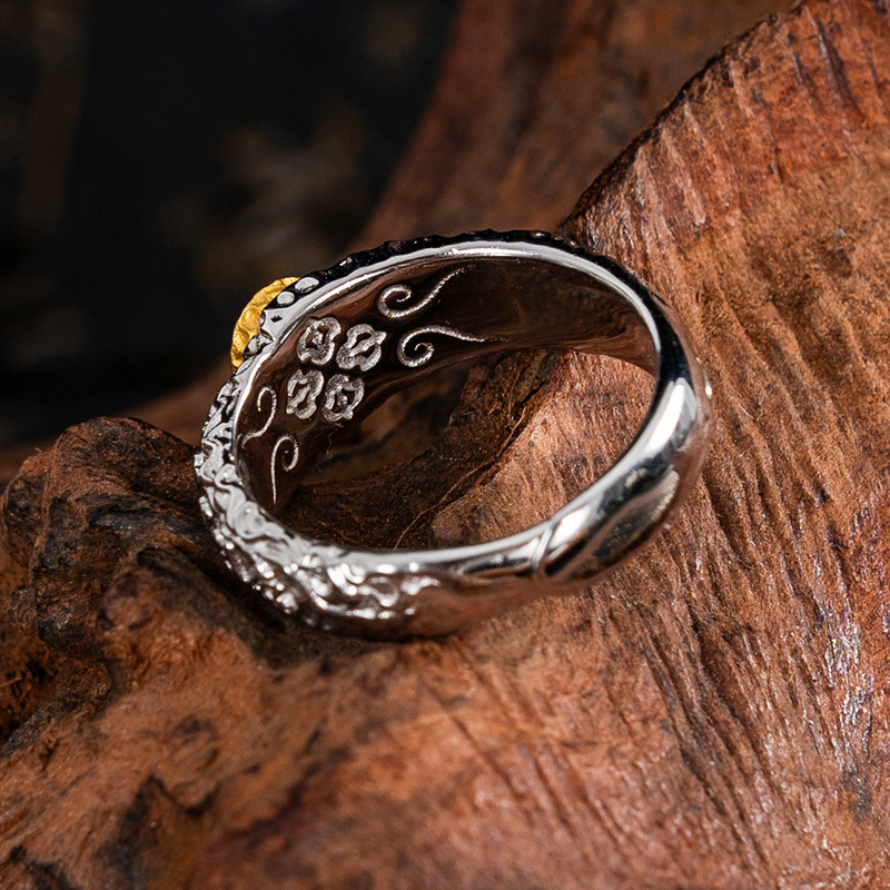 Tibetan Style Pure Silver Colorful Gem Buddha Cave Ring