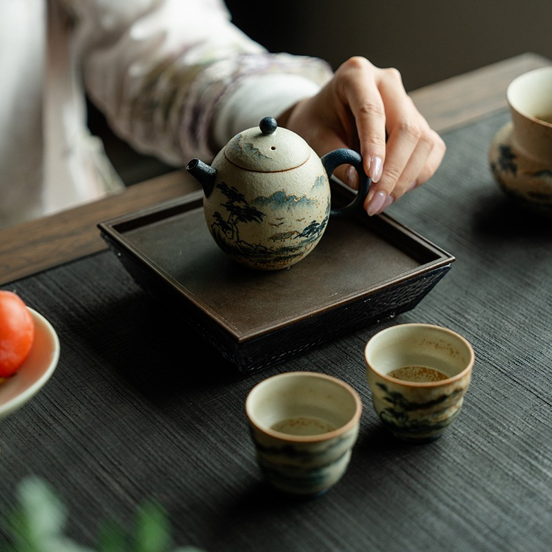 Blue and White Mountain Water Fire Stone Red Underglaze Color Teapot
