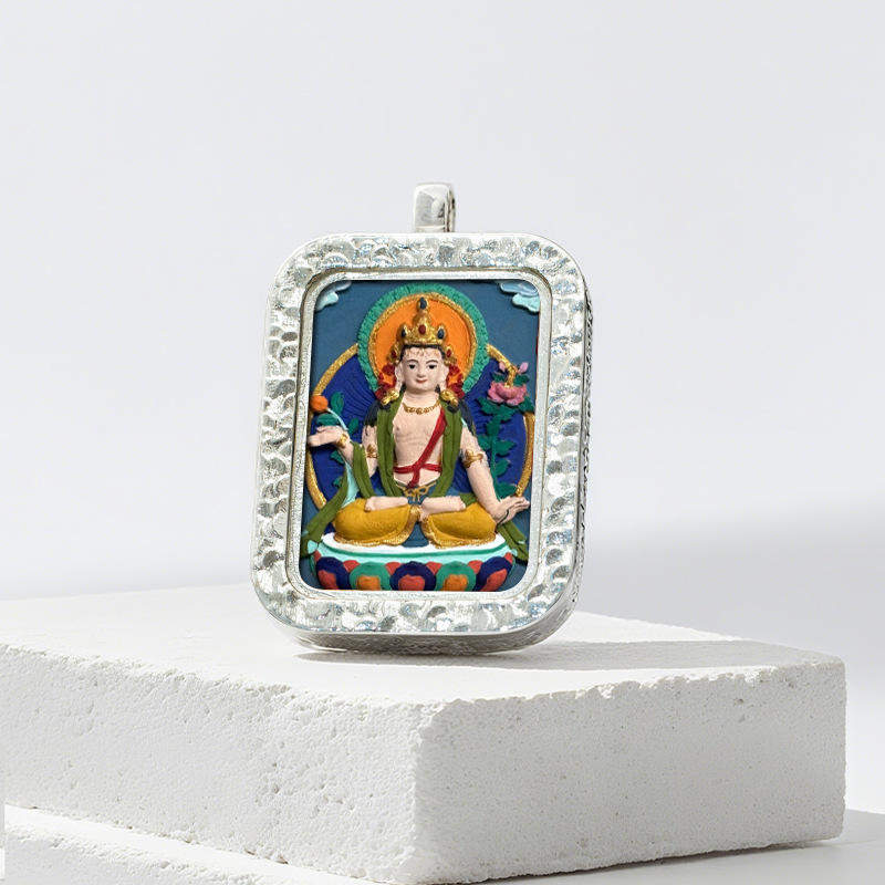 Hand-painted Rubbing Thangka White Copper Pendant