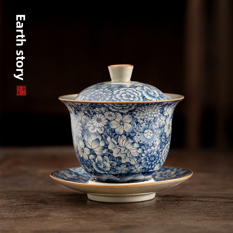 Dehua Old Pottery Clay Three-Talent Covered Bowl High-End Tea Bowl with Lid Tea Set