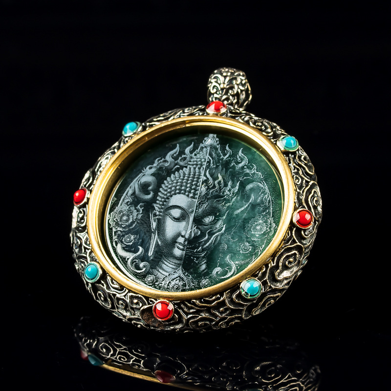 Natural Jadeite One Thought Between Tibetan Silver Wheel Pendant