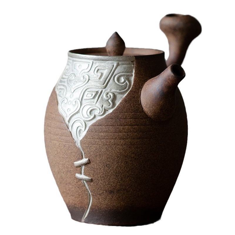 Old Rock Clay Relief Silver-Plated Side Handle Teapot