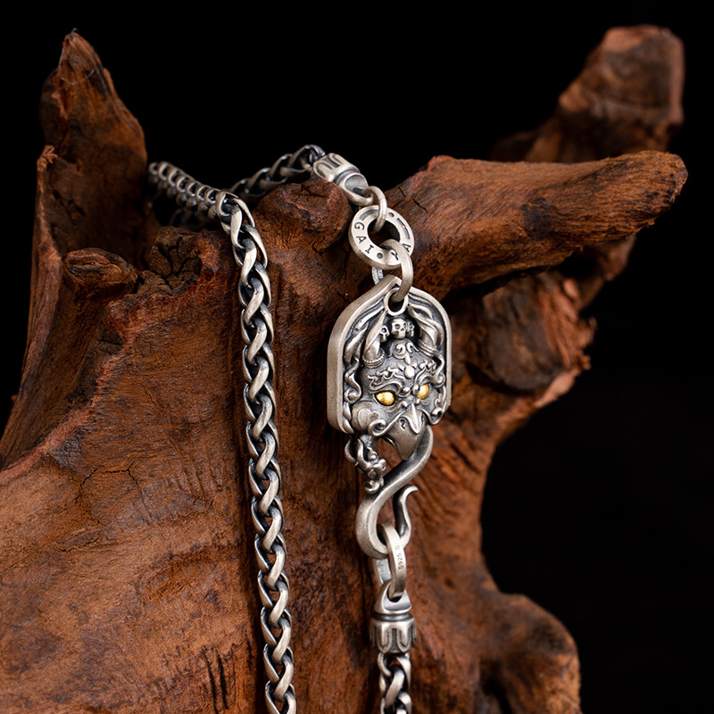 Tibetan Style Pure Silver Golden Winged Great Peacock Bird Necklace