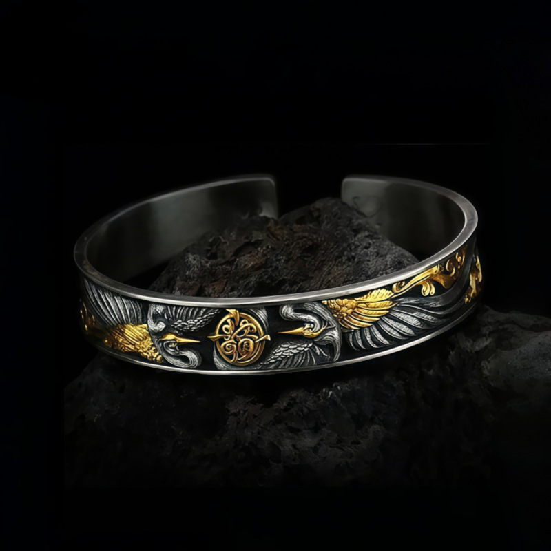 Thick Silver New Chinese Style Crane Bracelet