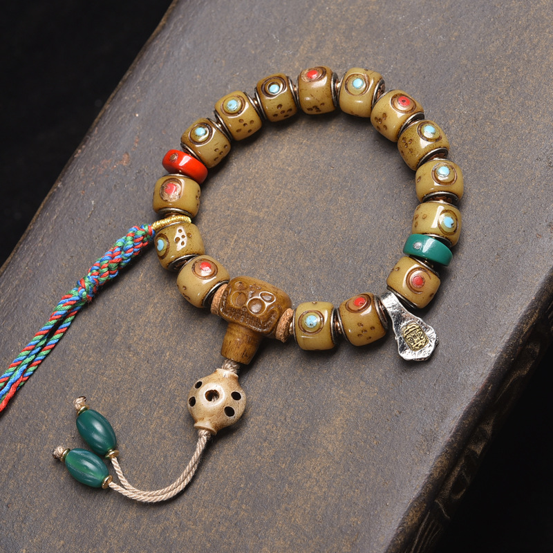 Tibetan Yak Bone Carved Barrel Bead Bracelet