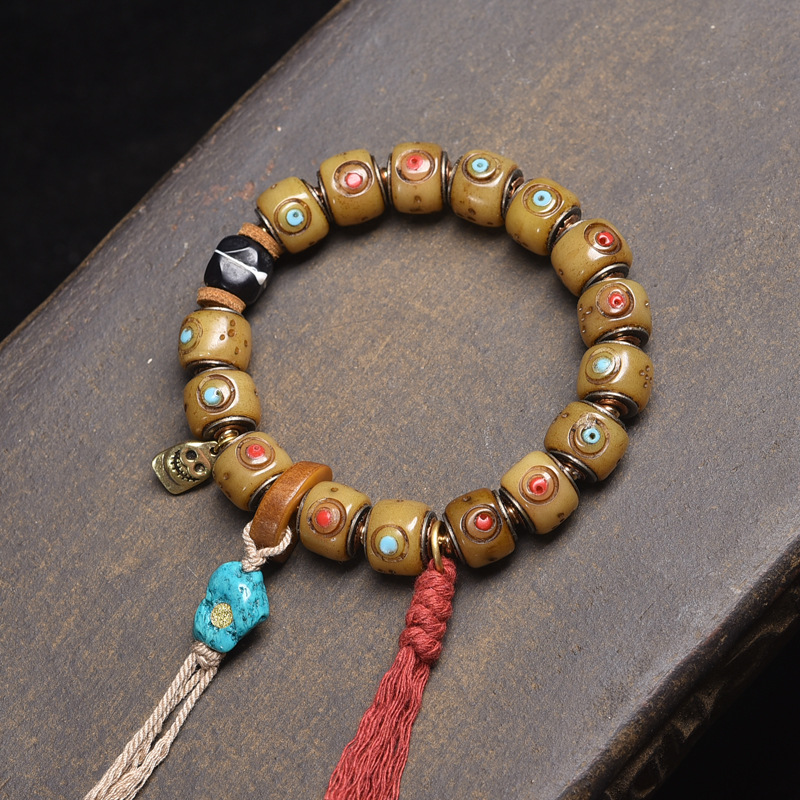 Tibetan Yak Bone Carved Barrel Bead Bracelet
